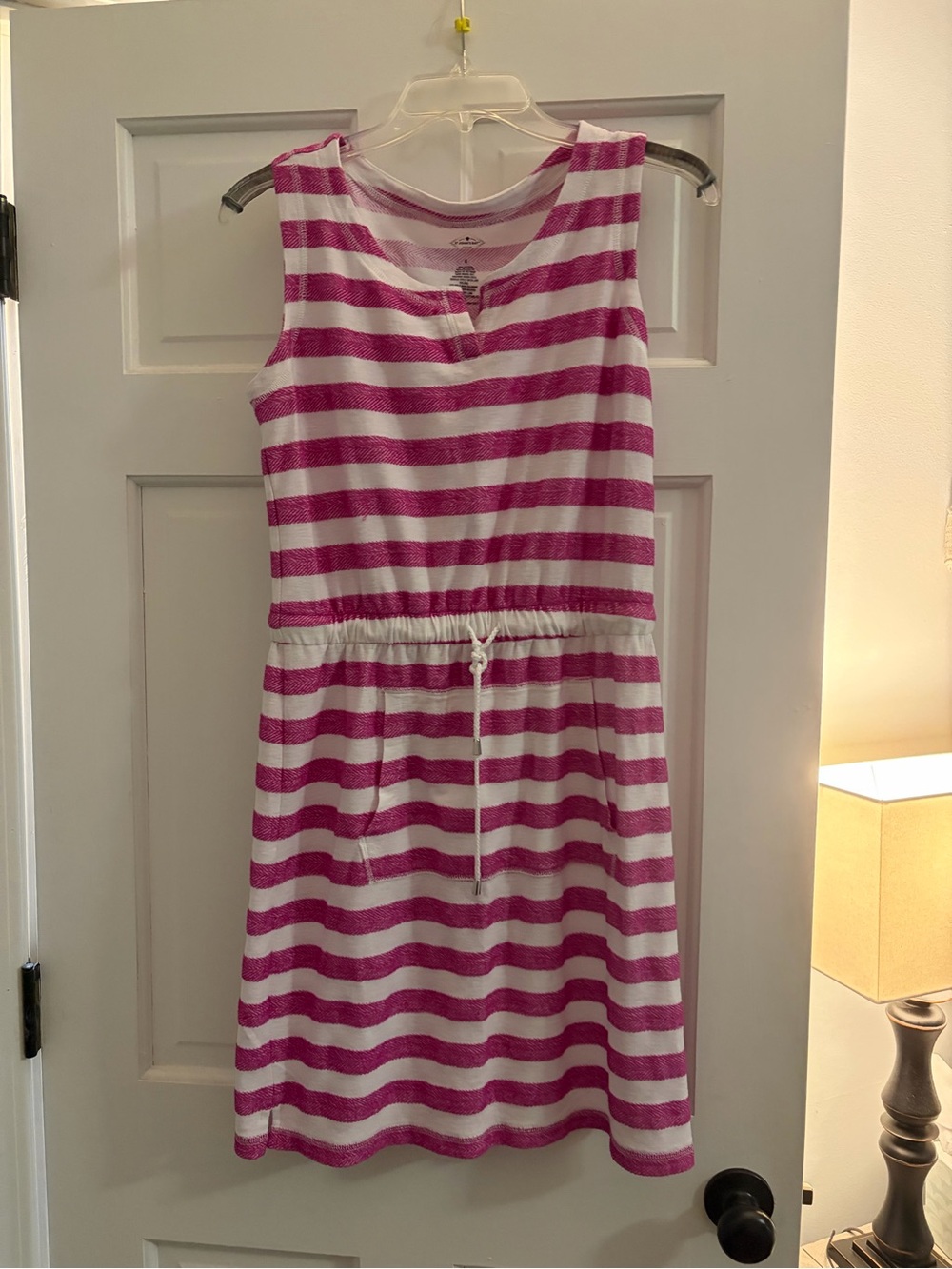 Saint John's Bay Active White and Pink Striped Sleeveless Drawstring Waist Dress